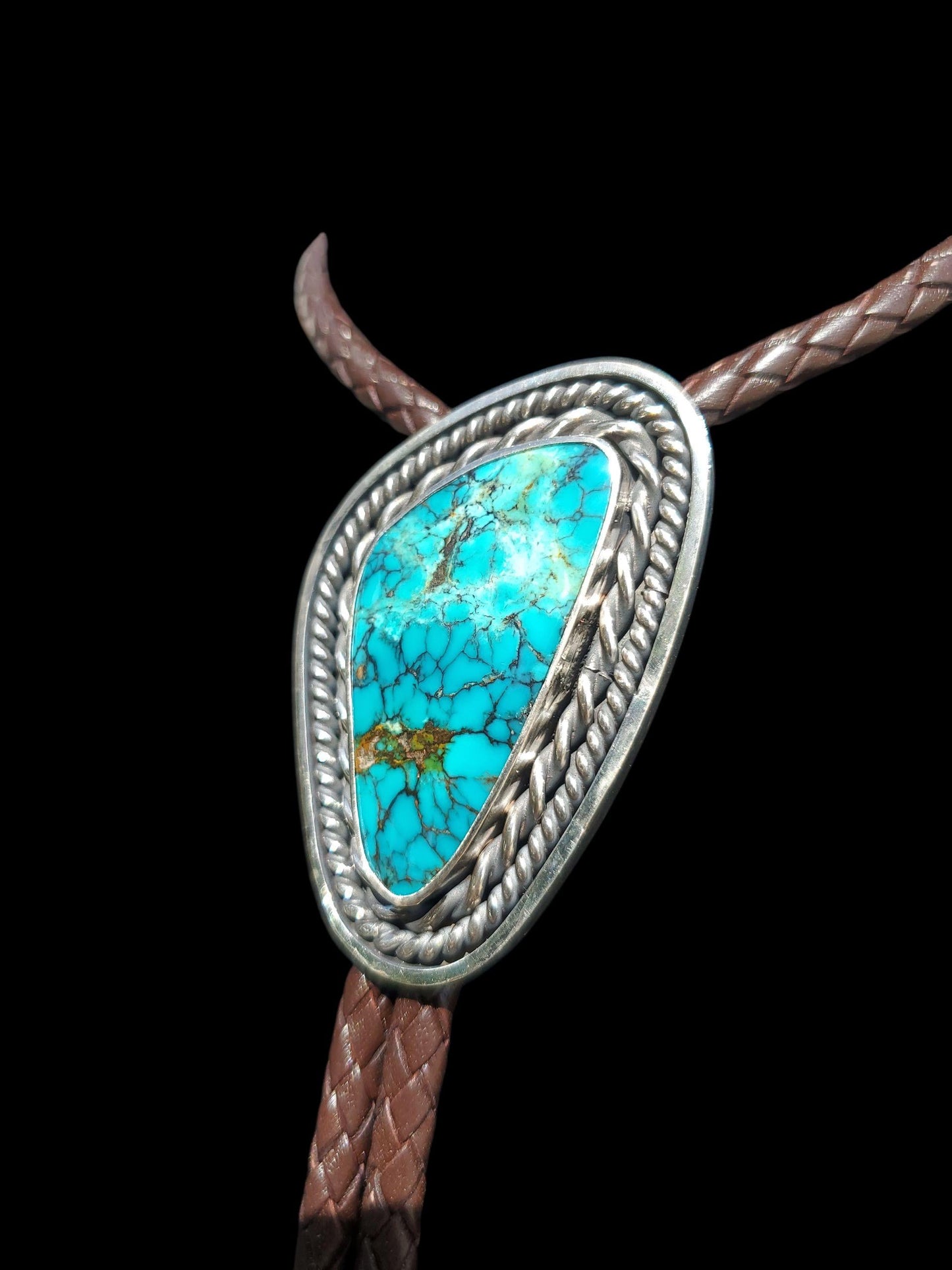 Old‑Stock Hubei Turquoise Bolo Tie • Sterling Silver • Handmade Western Unisex Gift B119