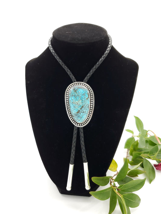 Old‑Stock Hubei Turquoise Bolo Tie • Sterling Silver • Handmade Western Unisex Gift B056