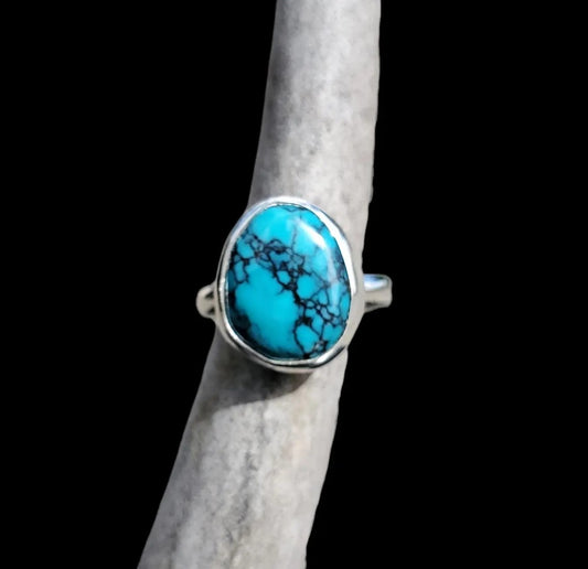 Oldstock 1980s Hubei Spiderweb Matrix Turquoise Ring, Size 4 1/2, R228