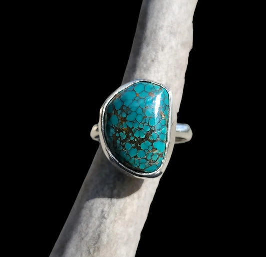 Oldstock 1980s Hubei Spiderweb Matrix Turquoise Ring, Size 4 1/2, R231